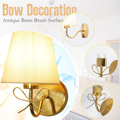 1 Pack, E26 110V Antique Brass Wall Sconces Bow Sconces Decor Gold Wall Lights Brass Brushed Gold Sconce with Fabric