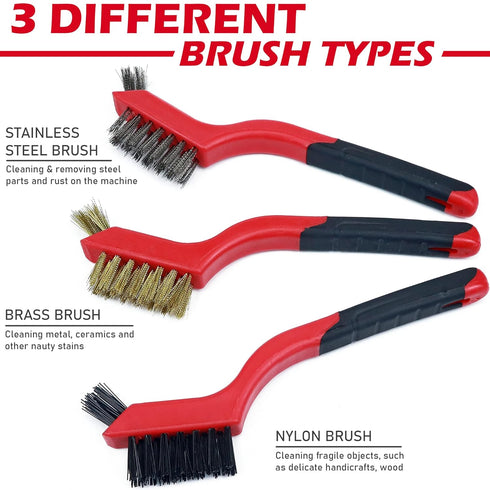 Set, 3 TAKAVU Small Wire Brush Different Types Brush, Brass - Stainless Steel - Nylon Wire Brushes for Cleaning
