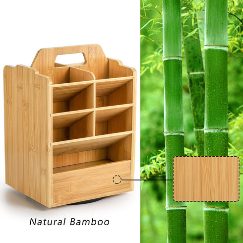 SOUJOY Bamboo Pen Holder Organizer, 360° Rotating Art Supply Storage Caddy for 400+ Pencils, 15 Compartments