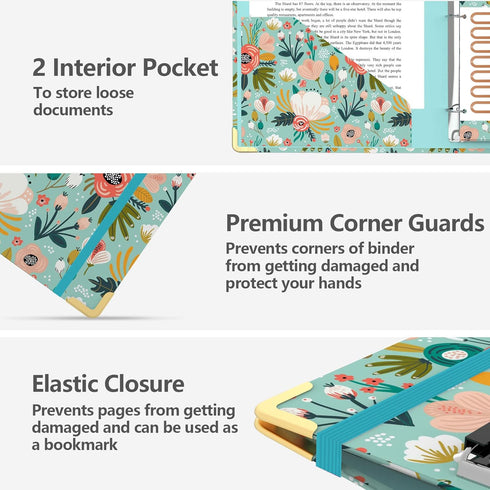 Cute Round Ring 3 Ring Binder 1 Inch, Green Floral with 6 Tab Dividers, Labels Stickers, Low Profile Clipboard with