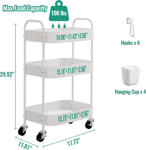 Ytmshisan 3-Tier Metal Rolling Cart with Wheels, Storage Utility Organizer Cart for Kitchen, Bathroom, Office, Baby