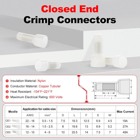 AIRIC 100 Pcs Closed End Crimp Connectors 22-16 AWG Wire Splice Caps Electrical Connector Terminals