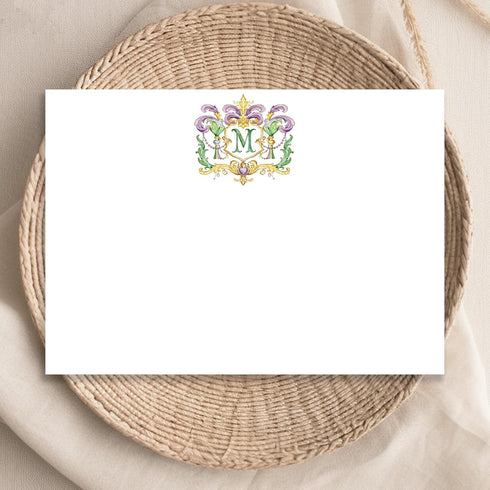 Designing Moments Monogrammed 25-16 Custom Mardi Crest Monogram Flat Cards, Watercolor Mardi Gras Green and Purple