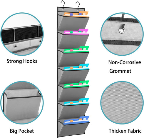 Wall Mounted File Holder - Over Door Hanging Mail Organizer for Papers, Magazines, and Books (7 POCKETS-GREY)