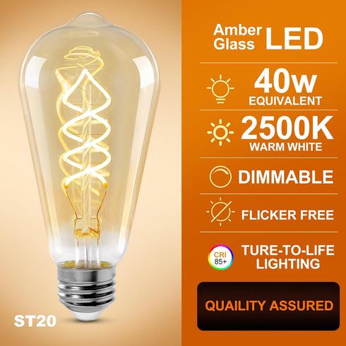 Decoaui ST64 E26 Bulbs, Dimmable, 4W(40W 300 2500K 25000 1-Pack LED Vintage Edison Light Light Amber Glass, Equivalent)