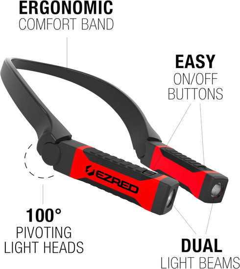 NK10 EZRED Bright ANYWEAR Neck Light for Hands-Free Lighting, Red and Black, Perfect Light for Mechanics, Camping