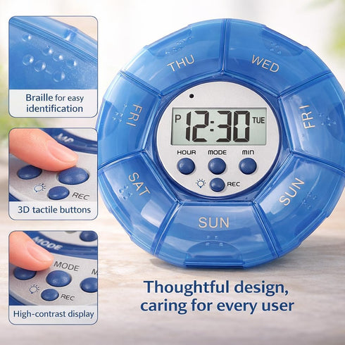 SPYMINNPOO Setting Case with Alarm, Up Voice Reminders for Medication Times Dispenser Reminder Alarm (Blue)