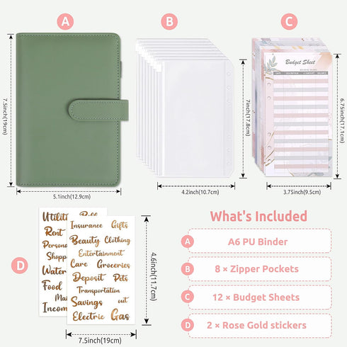 Budget Binder with Zipper Envelopes, Money Organizer for Cash with 8 Pcs Cash Envelopes for Budgeting, Money Saving Binder with 12Pcs budgeting Sheets and 2Pcs Golden Labels for A6 Binder by Zuozee