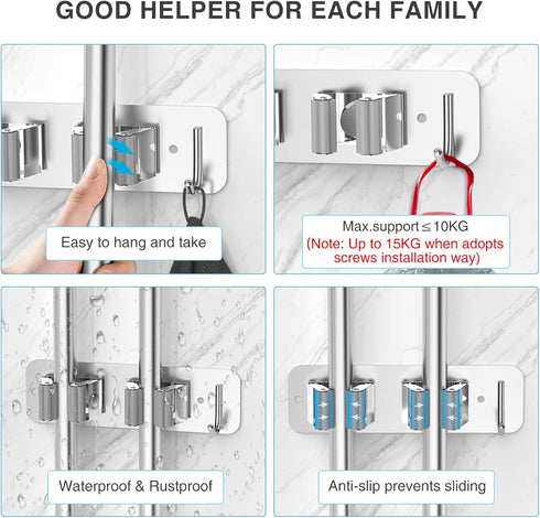 Mop Broom Holder Wall Mounted, SUS304 Stainless Steel Organizer with 2 Installation Methods, Heavy Duty with Hooks, 2PCS