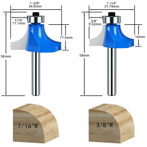 Roundover Edging Router Bit Set, 1/4 Inch Shank Carbide Bits for Woodworking Milling Tools