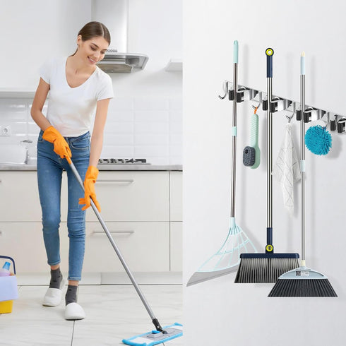 2 Pack 4 5 nacena Broom Holder Wall Mount Mop Hanger, Stainless Steel Racks Hooks Self Adhesive Heavy Duty Tool