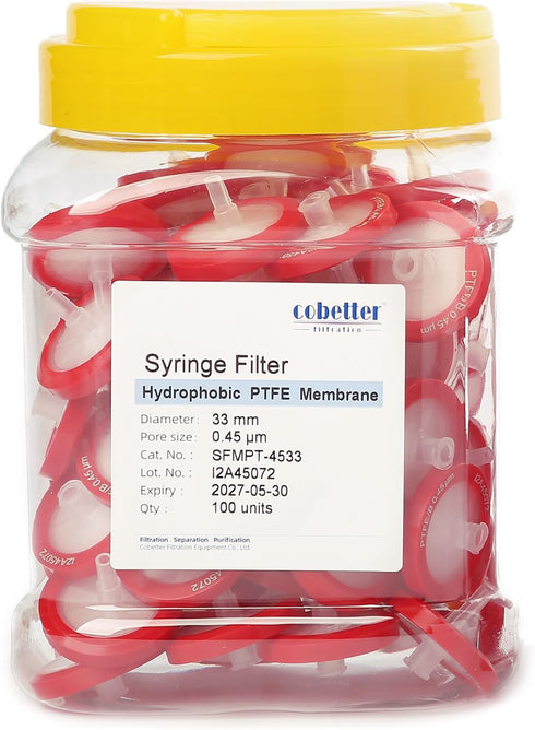 100 Pack PTFE Syringe Filters, 0.45µm 33mm Hydrophobic Filtration Non-Sterile Red