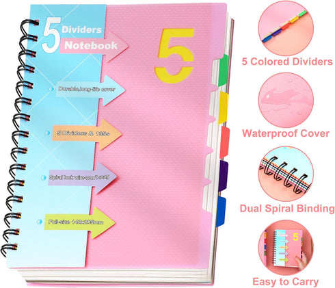 CAGIE 5 Subject Notebooks - College Ruled Spiral Notebook 5x7 with Divider Tabs, 220 Pages, A5 Pink Spiral Notebook for