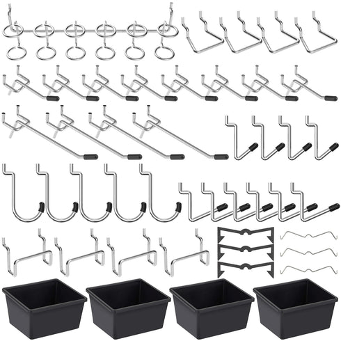 FRIMOONY Pegboard Hooks with Bins, 117 PCS, for Organizing Various Tools, 60 Peg Locks Included