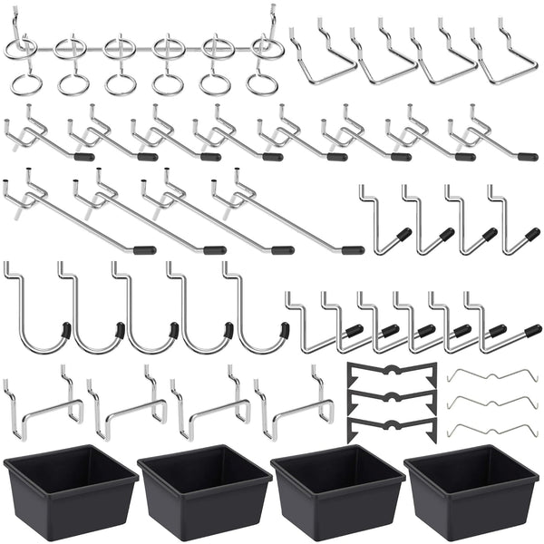 FRIMOONY Pegboard Hooks with Bins, 117 PCS, for Organizing Various Tools, 60 Peg Locks Included