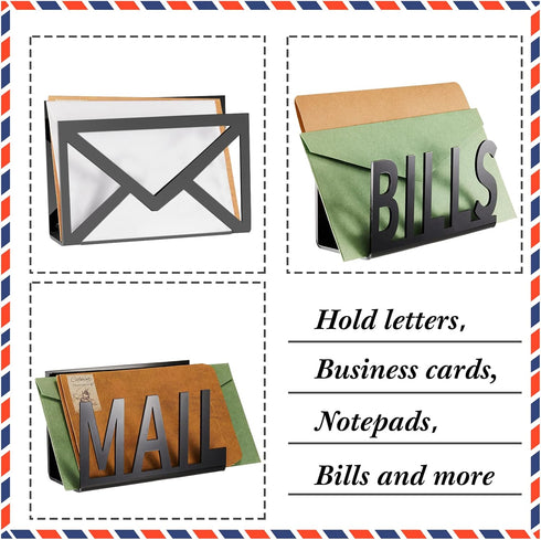 Desktop Mail Letter Holder, 3 Pieces Black Bills Organizer, Modern Cutout Envelope Design for Home Office