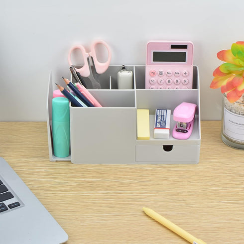 Desk Organizer with Bookshelf, White Multifunctional Organizer with Drawer for Makeup Storage, Small, Grey