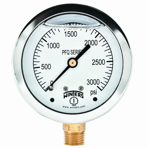 Winters 2-1/2" Dial Size, Liquid Filled Industrial Pressure Gauge, Brass Internals, 304 Stainless Steel Case, Single Scale 0-3,000 psi, 1.5% Acc, 1/4" NPT Bottom Mount, Glycerin Filled Pressure Gauge