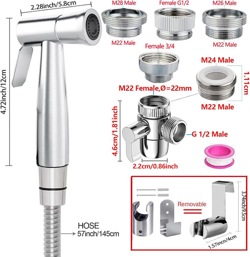 59in G1/2, 55/64", 15/16" Bidet Stainless Steel Hand Shower, Kitchen Bathroom Pet Bathing Shower Head with Hose