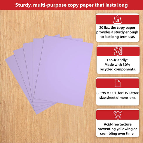 8.5 11 Inch Staples Pastel Copy Paper x Lilac Color Sheets for Printing and Documents