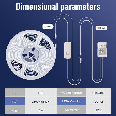 16.4ft 1123 Lumens,Dimmable, 14W, 24V MYPLUS Under Cabinet LED Lights, LED Strip Lights, Tunable Color Temps and Bright