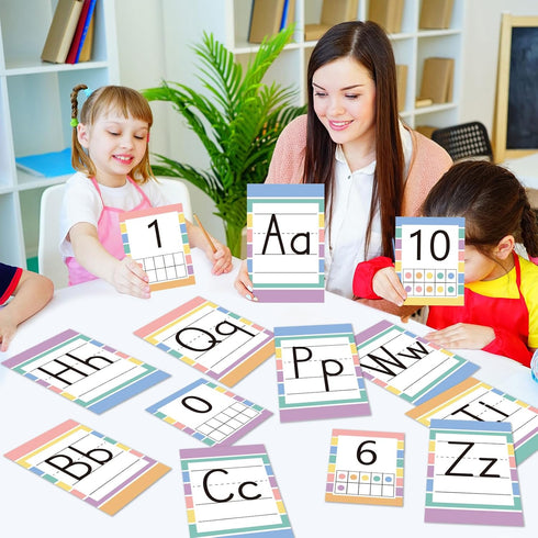 Qyeahkj 37 PCS Pastel Colors Stripes Classroom Alphabet Number Educational Poster Cards for Teacher School Home Wall