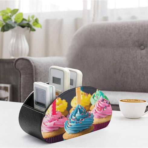 JTREHY 5 Colorful Happy Birthday Cupcakes Remote Control Holder with Compartments Pu Leather Remote Caddy Box