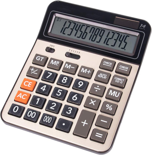 Meichoon Solar Battery Calculator, Dual Power Large Standard Function Desktop Business Calculator, 14 Digit Gold