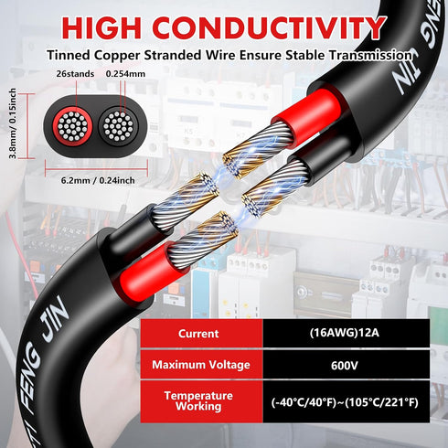 16 2 16 50FT, 12V 16/2 Lighting-15M Gauge Wire Conductor Electrical Wire, AWG Wire Stranded PVC Cord Low