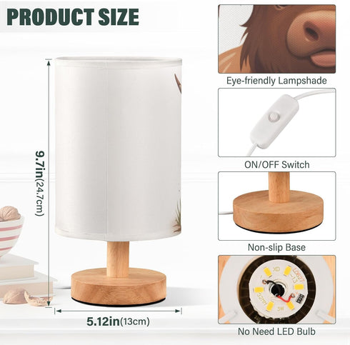 Oarencol Bedside Table Lamp Fun Highland Cow Animal Nightstand Lamp with Wood Desk Lamps for Bedroom Living Room