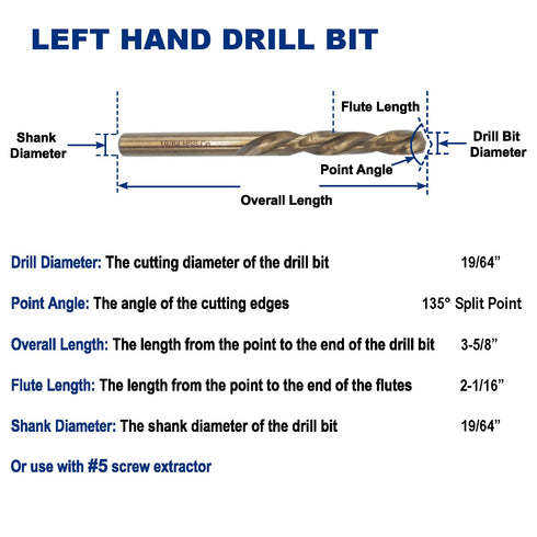 19/64-Inch Cobalt Steel M35 Left Hand Drill Bit, Pack of 3 for Removing Damaged Bolts and Screws
