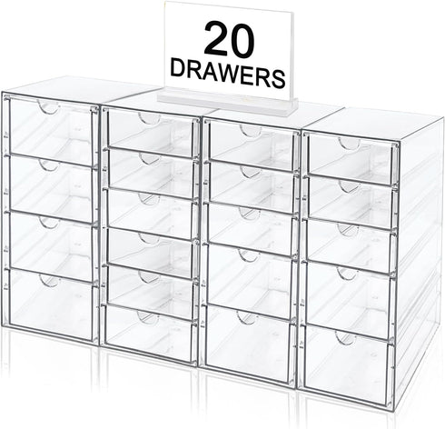 Makeup Organizer with 20 Drawers, 4 Set Clear Acrylic Storage for Desktop Office Supplies, Hair Accessories