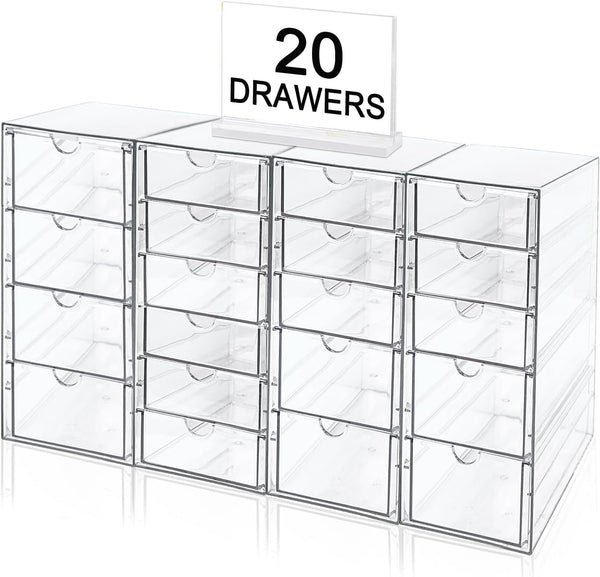 Makeup Organizer with 20 Drawers, 4 Set Clear Acrylic Storage for Desktop Office Supplies, Hair Accessories