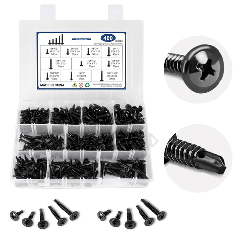 400Pcs Self Tapping Screws for Metal, 410 Stainless Steel #8#10 Self Drilling Screws Assortment Set, Black