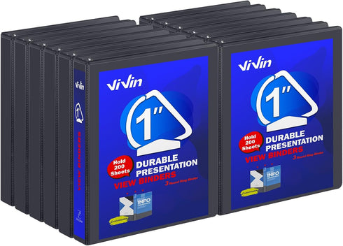 ViVin Durable 1 Inch D Ring Binders, 12 Pack, Customizable Clear Cover, Hold 225 Sheets of US Letter Size Paper, Black