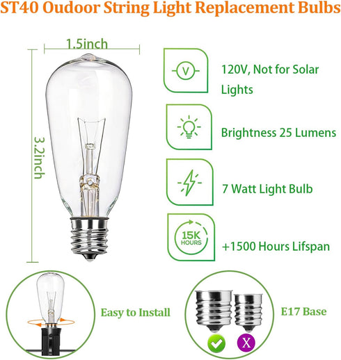 10-Pack Bulbs, 120V 7W E17/ Bulbs, ST40 Bulbs Edison Replacement Light Intermediate Screw Base Light Clear Glass Light