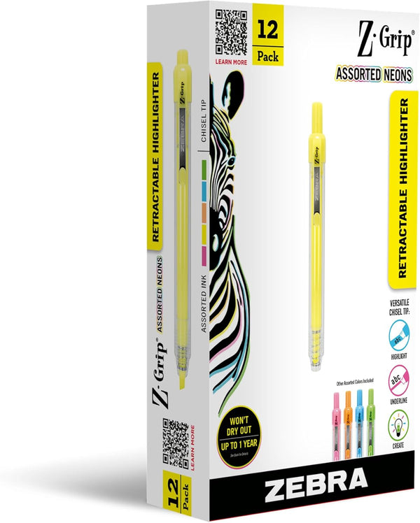 Zebra Pen Z-Grip Retractable Highlighter Marker Set, Chisel Tip, Assorted Colors, 12-Pack