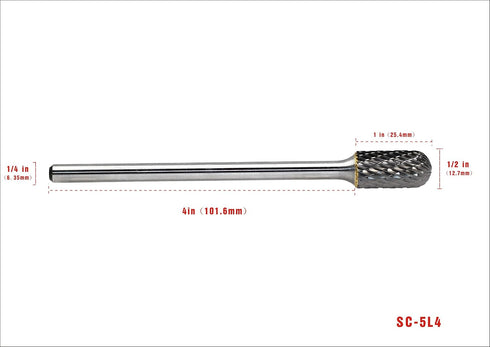 SC-5L4 Tungsten Carbide Burr, 4” Long Double Cut Carbide Burr File with 1/4’’ Shank, Cylinder Shape