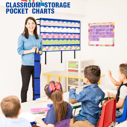 Crtiin 3 Pcs Foldable Bulletin Border Storage Pocket Chart, 41 x 24.5 Inch Classroom Organizer with Storage Pockets