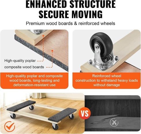 1000 lbs 18" 30", 4 3 1 Pack VEVOR Furniture Dolly, Load Capacity, x x PP Swivel Casters, Heavy Duty Hardwood Furniture