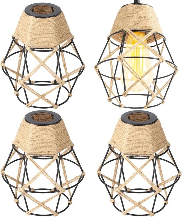 Toyosport 4 Pcs Pendant Lamp Shade, Diamond Shape Metal Cage Lampshade with Hemp