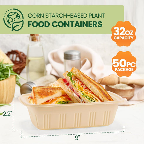 100 (50 Pack) Lids,32 oz Piece Meal Prep Containers with Resuable Cornstarch Material Salad Containers, Plant-based