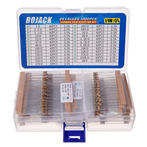 BOJACK 1000 Pcs 25 Values Resistor Kit, 1 Ohm-1M Ohm with 5% 1/4W Carbon Film Resistors Assortment