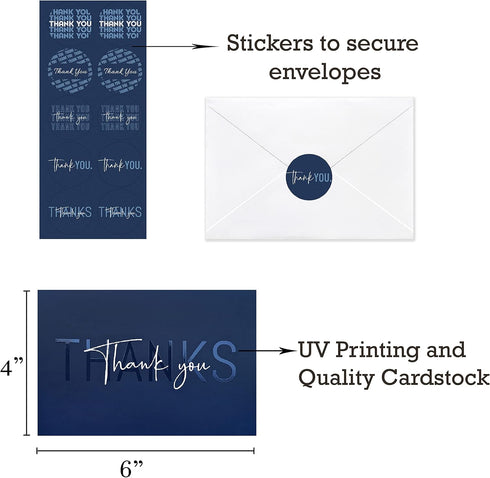 T&M Quality Designs LLC 100 4 4x6 Inch Thank You Cards with Envelopes and Stickers - Unique Navy Blue Designs Bulk
