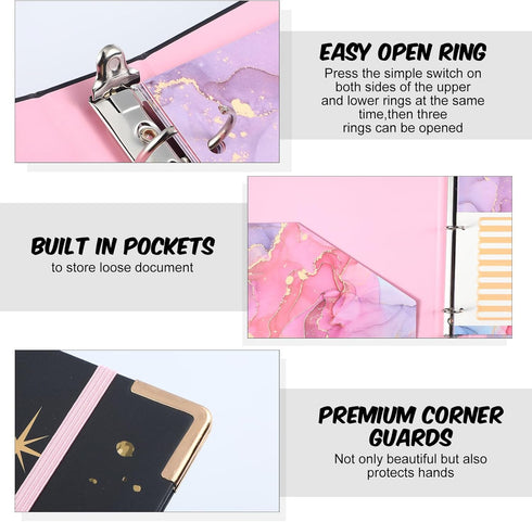 Teacher Binder 3 Ring Binder with Clipboard, 1 Inch Marble, 5 Tab Dividers, 2 Pockets, Label Stickers, Pink Gifts for