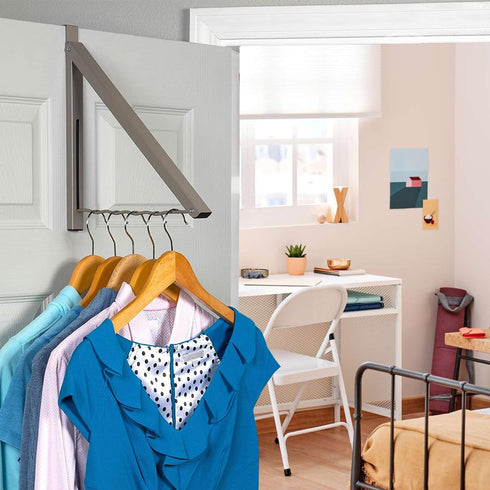 HOLDN’ STORAGE Over The Door Hanger, Single Foldable Rack Organizer for Coats, Clothes & Towels, Satin Nickel