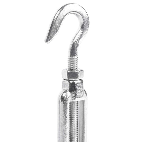 Open-Body Stainless Steel Hook & Hook Turnbuckles, 1/4” x 2-3/4” for Tensioning Cable or Rope, T316 Marine Grade