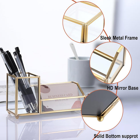 Hipiwe Glass Business Card Holder with Pen Pencil Cup, Gold Metal Name Card Display Organizer for Office Desk