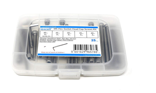 iexcell 25 Pcs M5 Stainless Steel Hex Socket Head Cap Screws Bolts Assortment Kit (40/45/50/55/60mm)