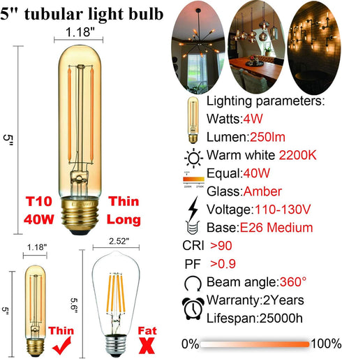 Dimmable E26 Bulb 4W Bulb 40 AC120V Bulb 2200K 250lm T10 Bulb E26 Bulbs 6Pack LiteHistory LED Equal Edison Watt Tubular